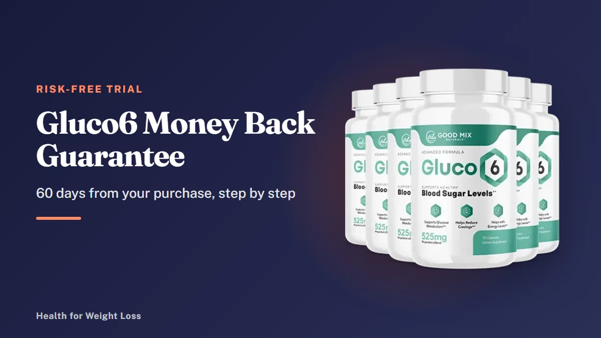 Gluco6 money-back guarantee: the 6-bottle Gluco6 package beside a 60-day guarantee seal and simple return steps