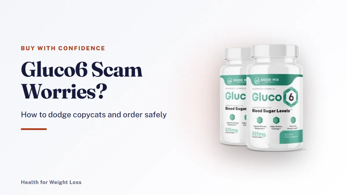 Gluco6 scam worries answered: the two-bottle Gluco6 package next to a safe-ordering checklist