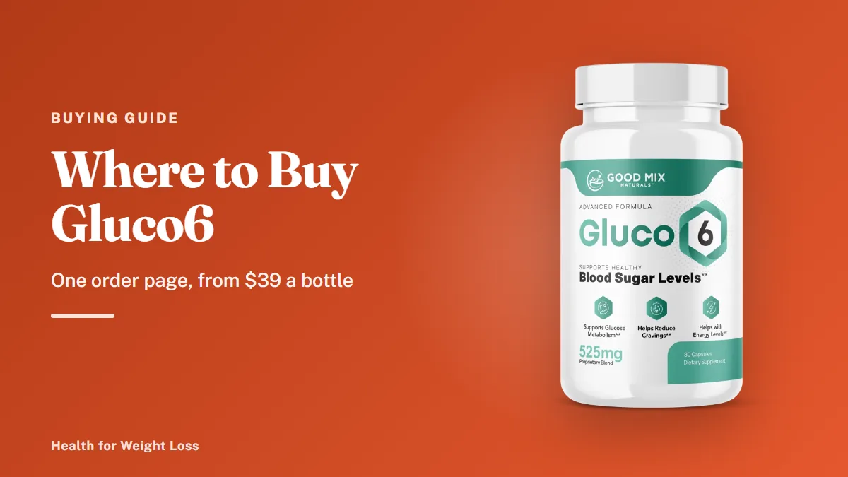 Where to buy Gluco6: a genuine Gluco6 bottle next to a simple map pointing to the official order page