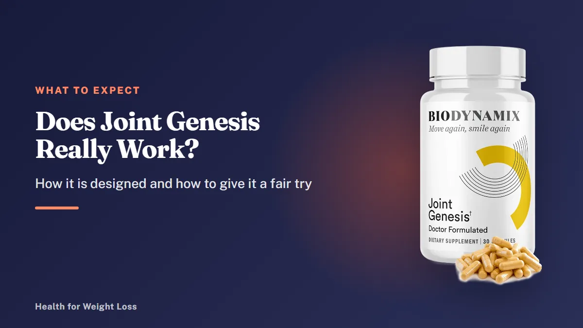 Does Joint Genesis really work: one Joint Genesis bottle beside a simple diagram of the formula and joint support