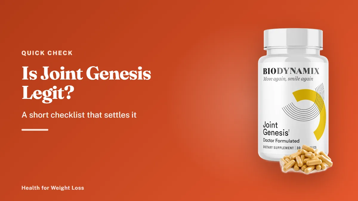 Is Joint Genesis legit: one Joint Genesis bottle beside a checklist of company details, checkout and guarantee