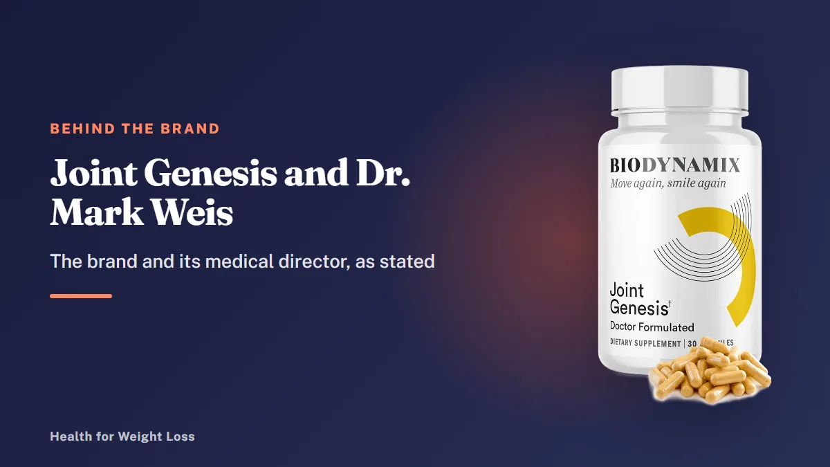 Joint Genesis Dr. Mark Weis guide: a single bottle of Joint Genesis, labeled Doctor Formulated by BioDynamix