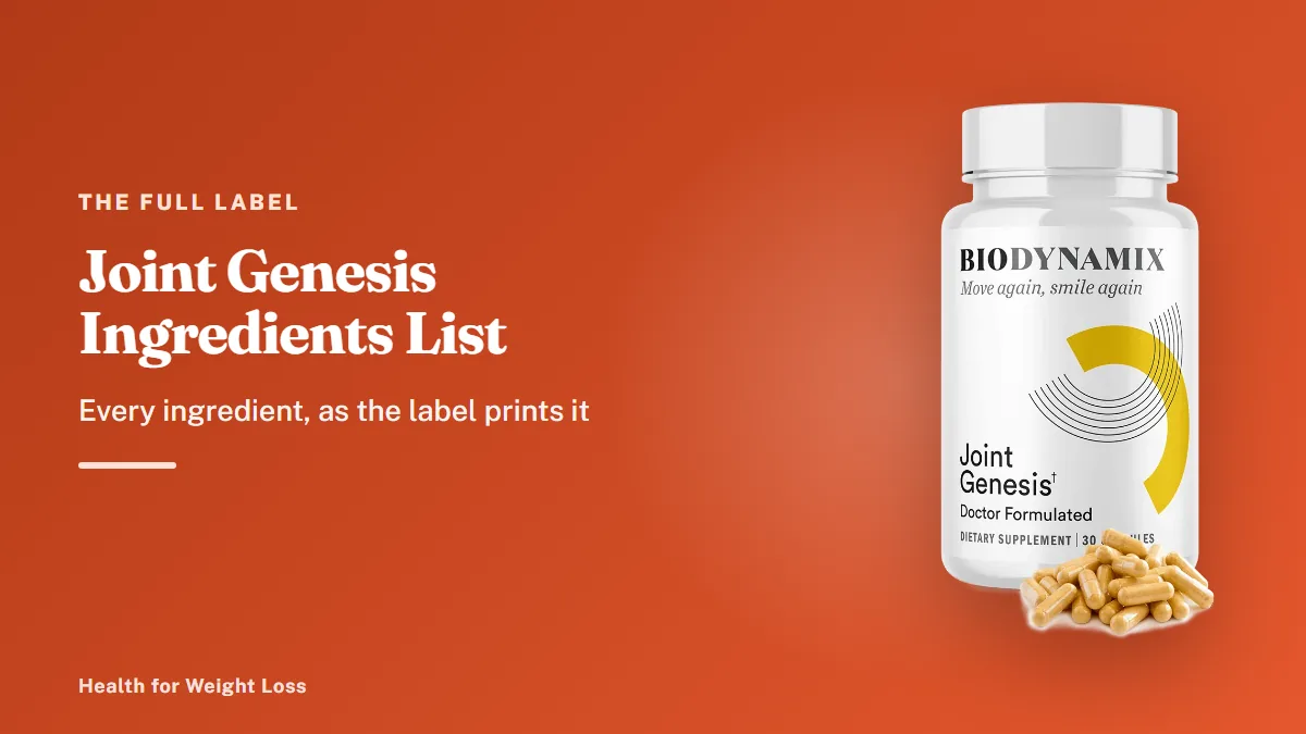 Joint Genesis ingredients list shown with a single bottle of Joint Genesis capsules and its printed label