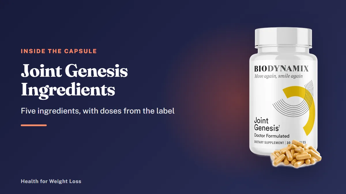 Joint Genesis ingredients guide: a single bottle of Joint Genesis capsules with its five-ingredient joint formula