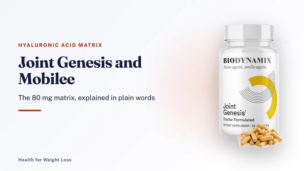Joint Genesis Mobilee guide: a single bottle of Joint Genesis capsules built around an 80 mg hyaluronic acid matrix