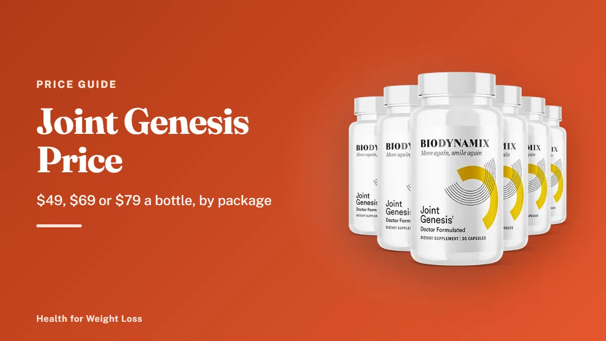 Joint Genesis price guide: the 6-bottle Joint Genesis package with bonus e-books beside the $49-a-bottle price summary