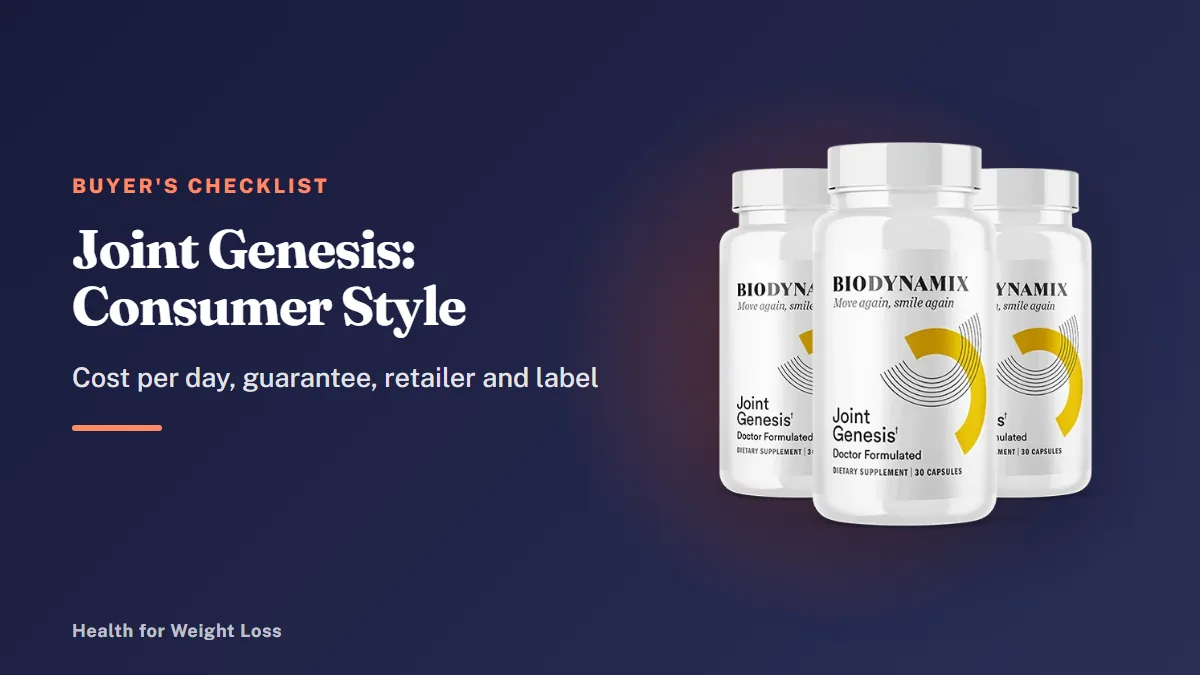Joint Genesis reviews consumer reports: the 3-bottle Joint Genesis package beside a smart-buyer checklist for supplements