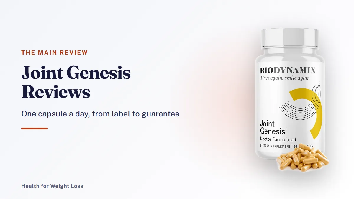 Joint Genesis reviews: one Joint Genesis bottle beside our 4.6 out of 5 editorial verdict on this joint supplement