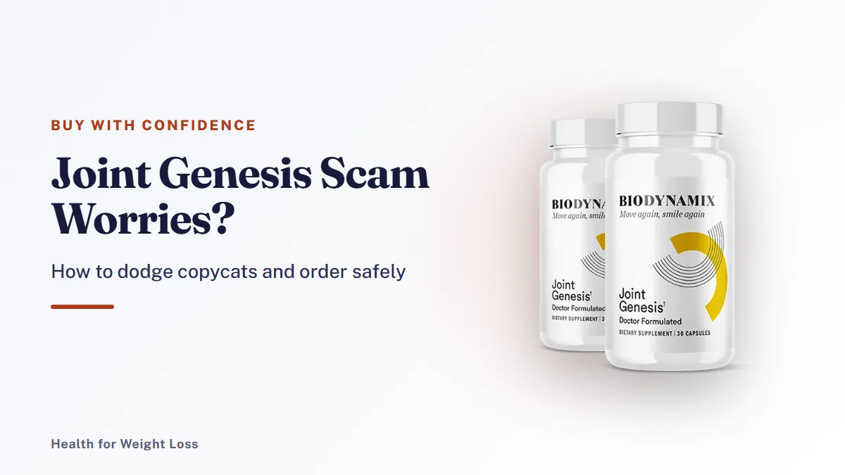 Joint Genesis scam check: the 2-bottle Joint Genesis package shown with safe-buying tips and the 180-day guarantee