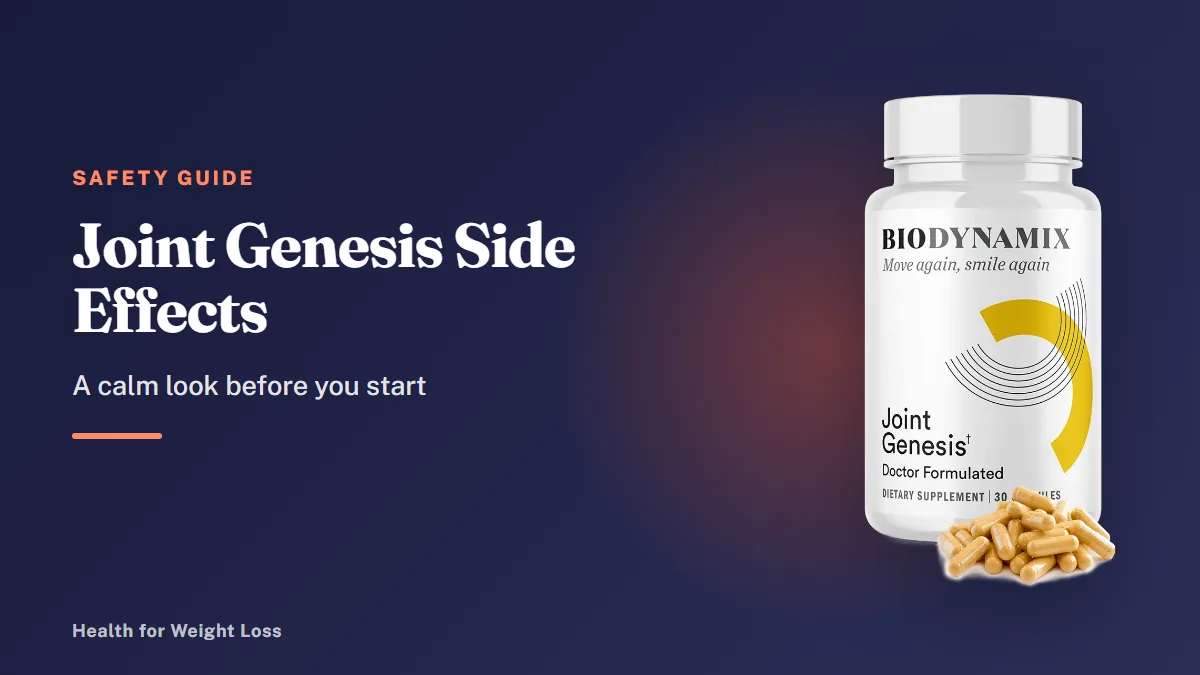 Joint Genesis side effects guide: a single bottle of Joint Genesis capsules beside a calm safety checklist