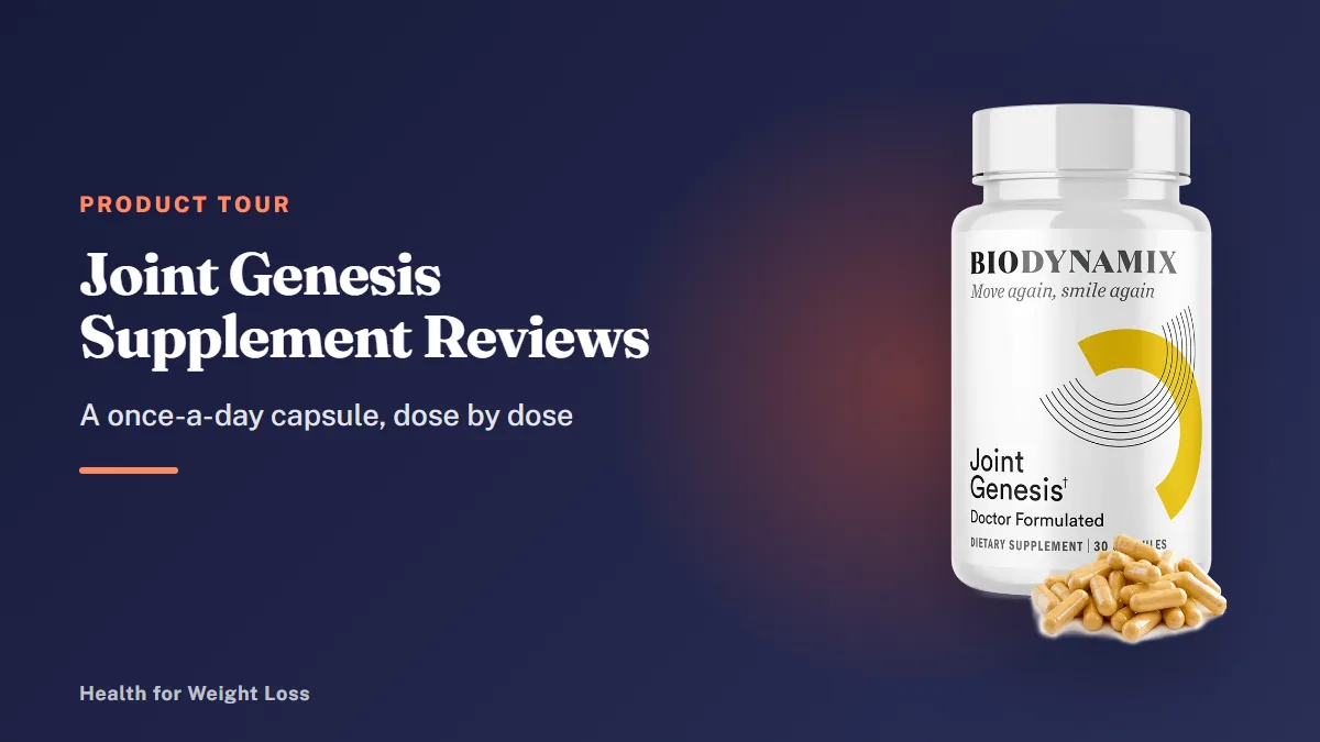 Joint Genesis supplement reviews: one Joint Genesis bottle of 30 capsules beside its label doses and quality notes