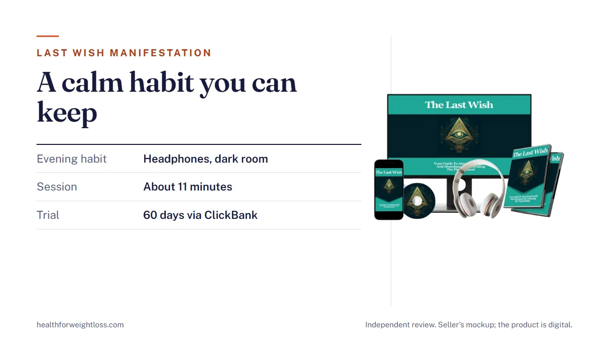 The Last Wish manifestation: the digital product mockup beside the evening ritual, the $37.44 price and the 60-day guarantee