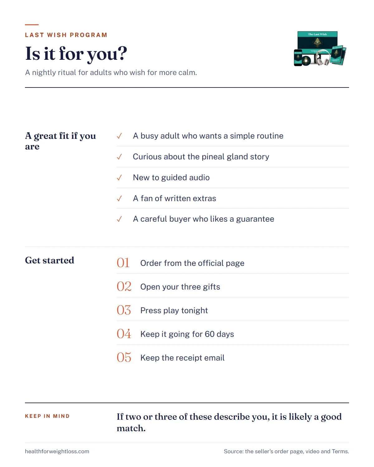 The Last Wish program infographic: who the nightly audio ritual suits and three steps to start