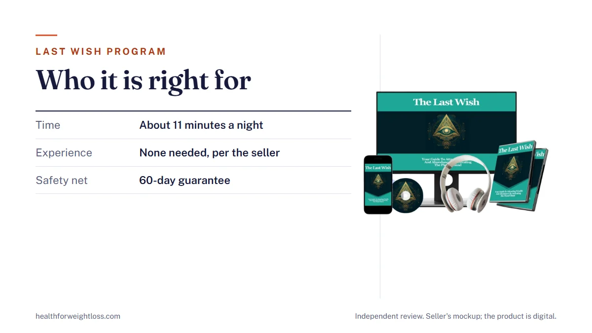 The Last Wish program: the seller's mockup beside the kinds of readers it suits, about 11 minutes a night