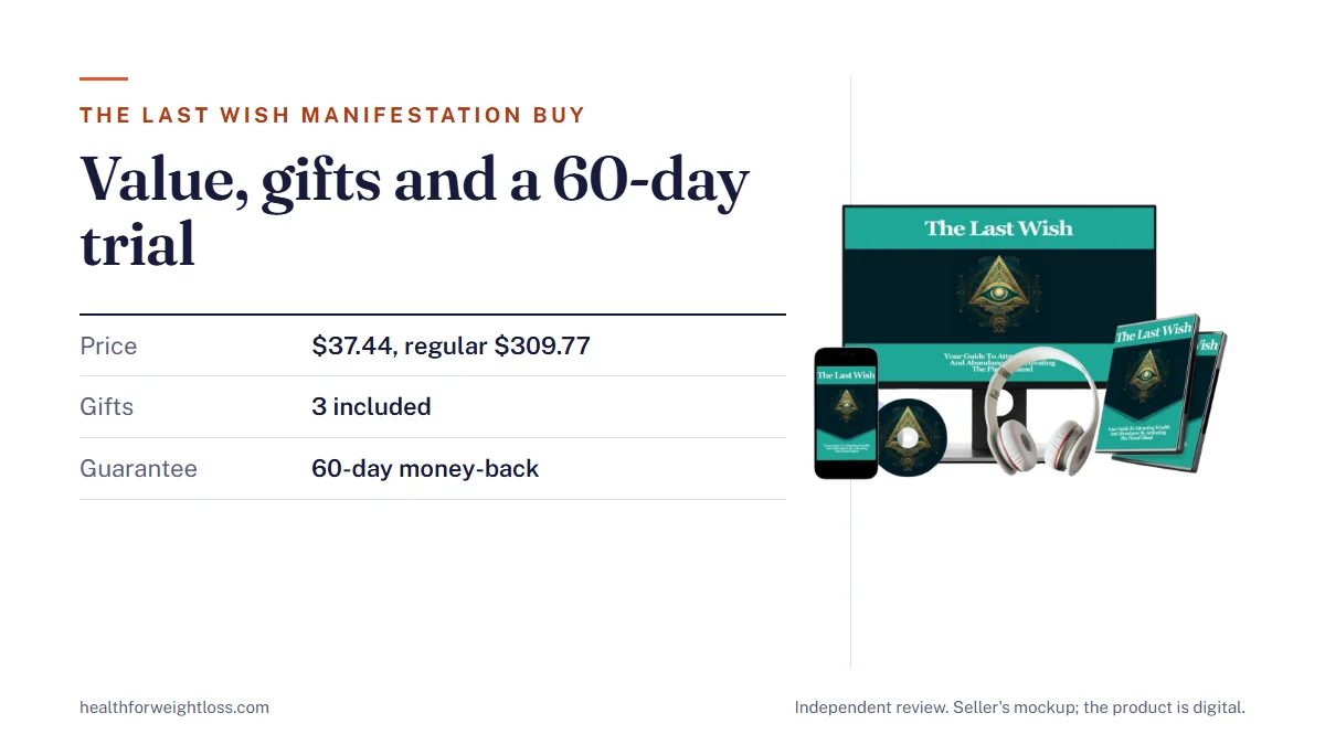 The Last Wish manifestation buy: the digital product mockup beside the $37.44 price, the three gifts