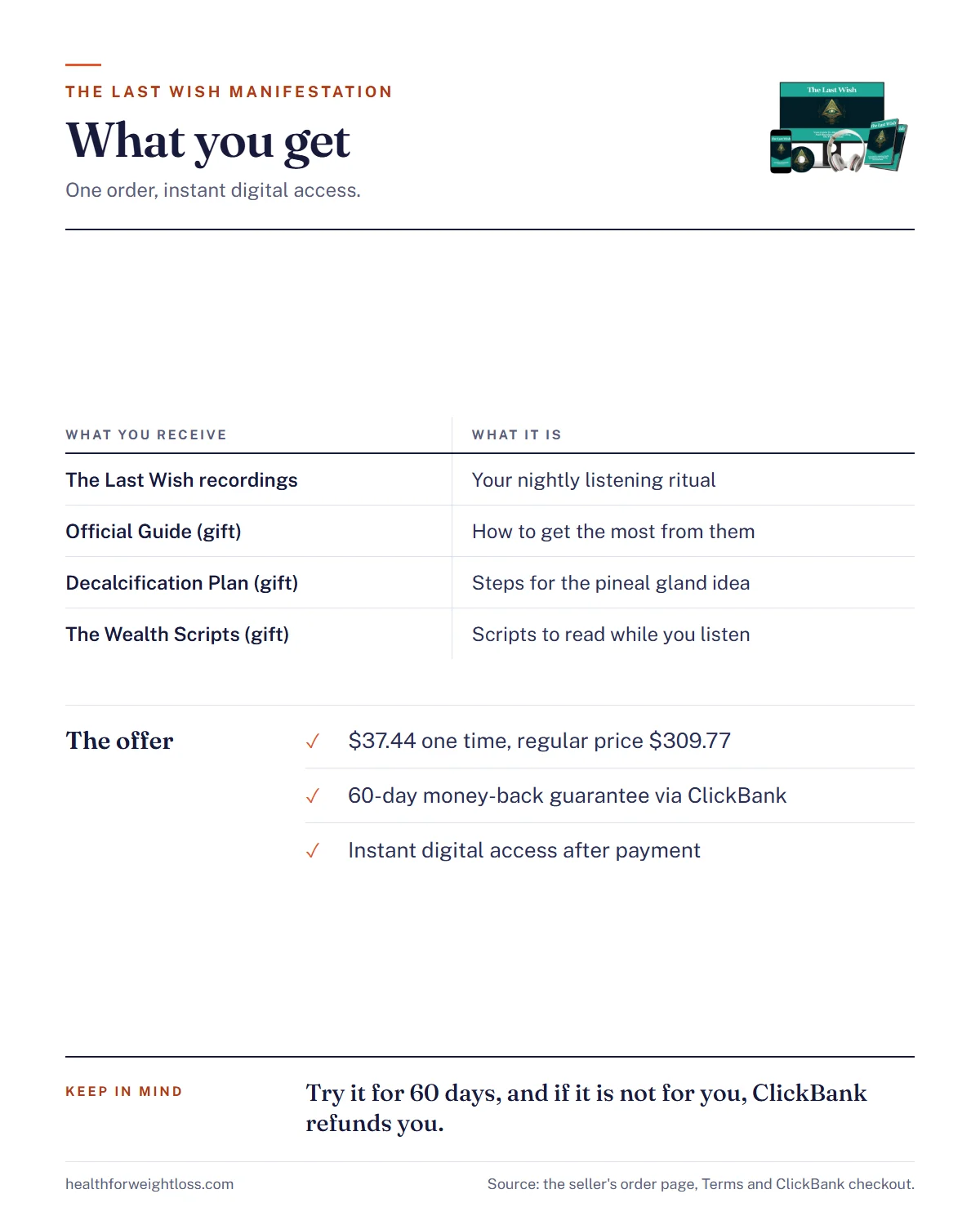 The Last Wish manifestation infographic: the recordings and three gifts, the $37.44 price against the regular price