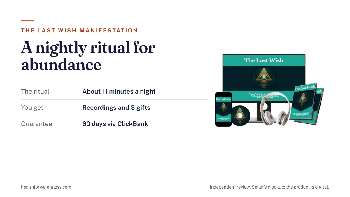 The Last Wish manifestation: the digital product mockup beside the nightly ritual, the $37.44 price