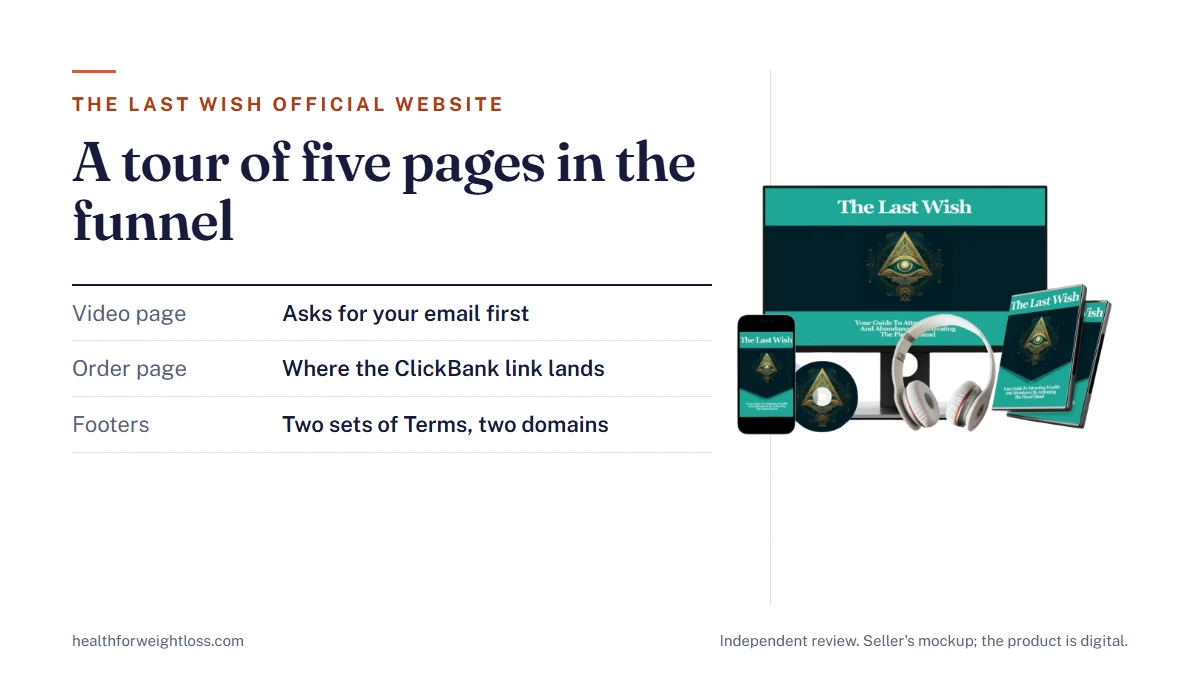The Last Wish official website: the seller's product mockup beside the five stops, video page, order page, Terms