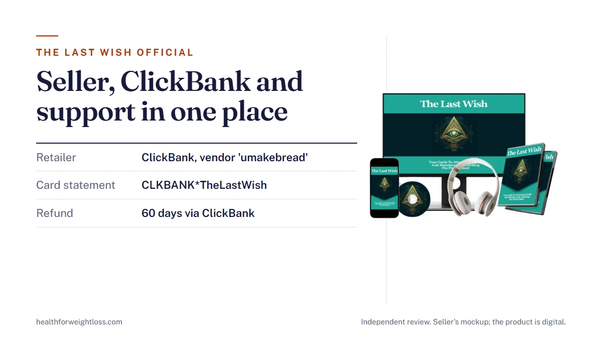 The Last Wish official: the seller's product mockup beside the ClickBank retailer, vendor ID umakebread