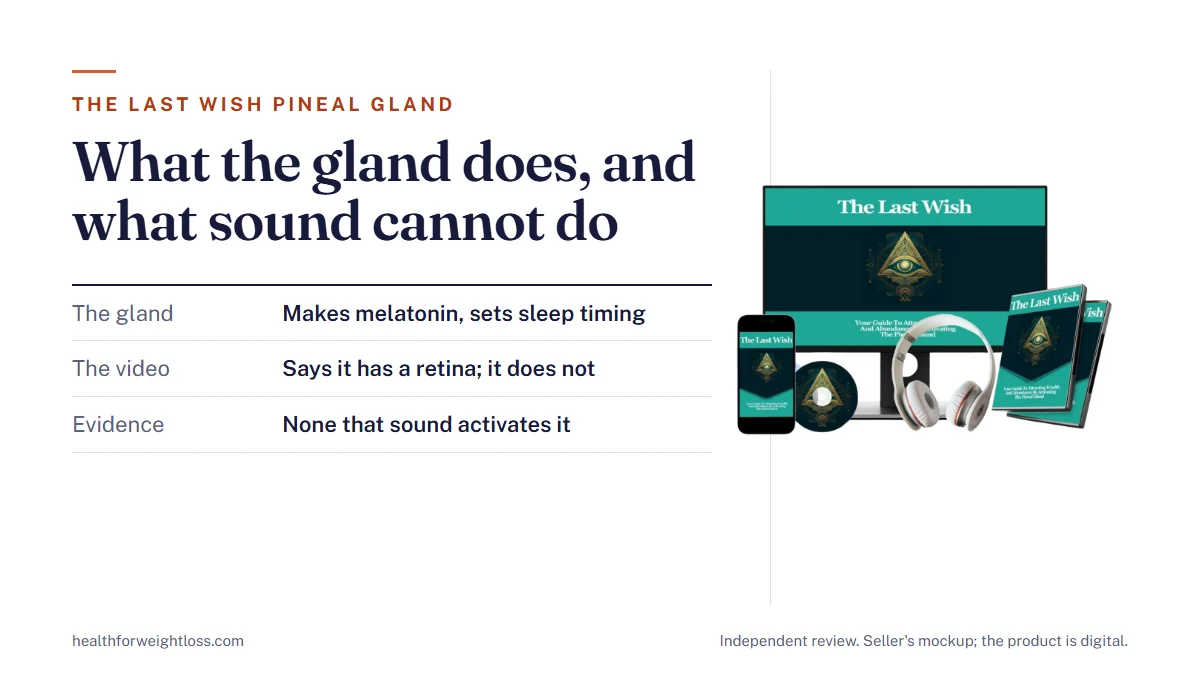 The Last Wish pineal gland: the seller's product mockup beside three plain facts about the gland, melatonin, light