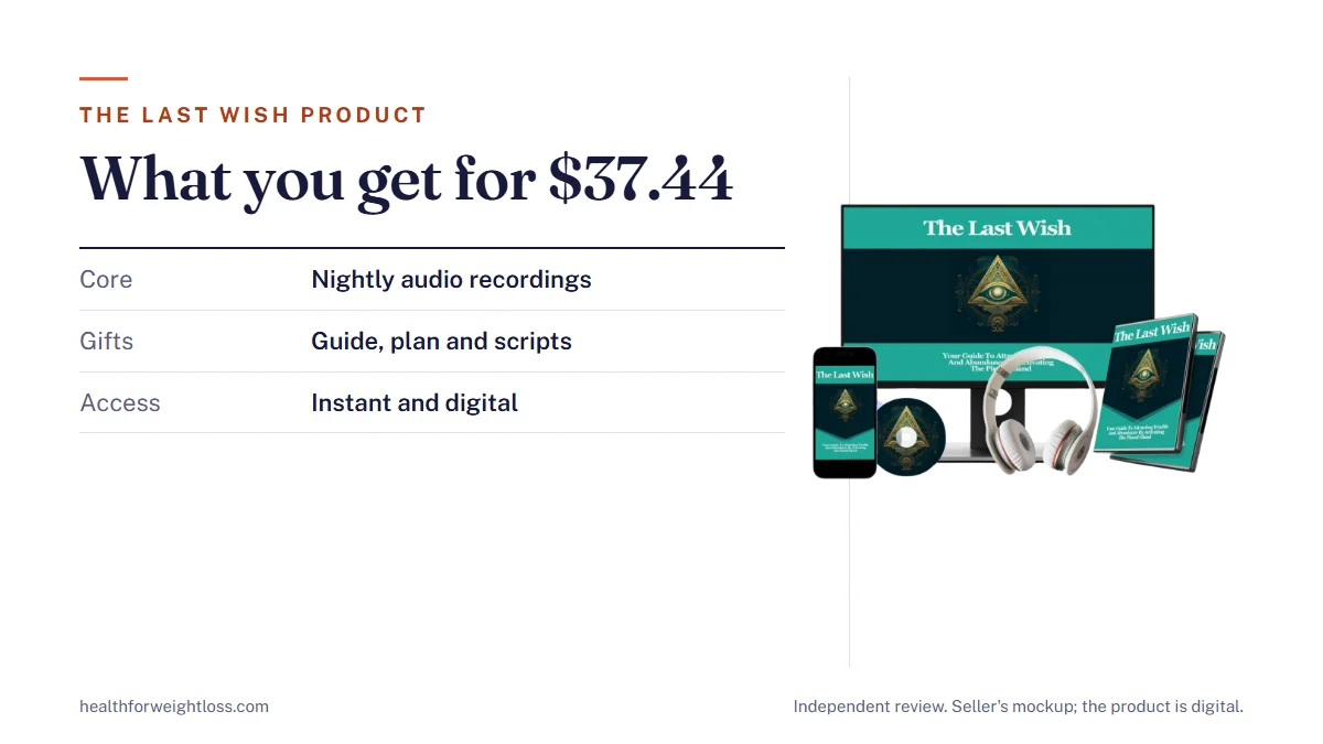 The Last Wish product: the seller's mockup beside what you get, the audio recordings, three gifts, the $37.44 price