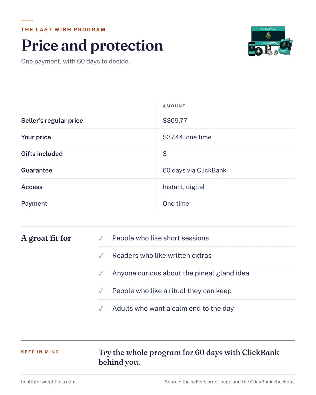 The Last Wish program infographic: the $37.44 price next to the regular price, the 60-day guarantee and who the program suits