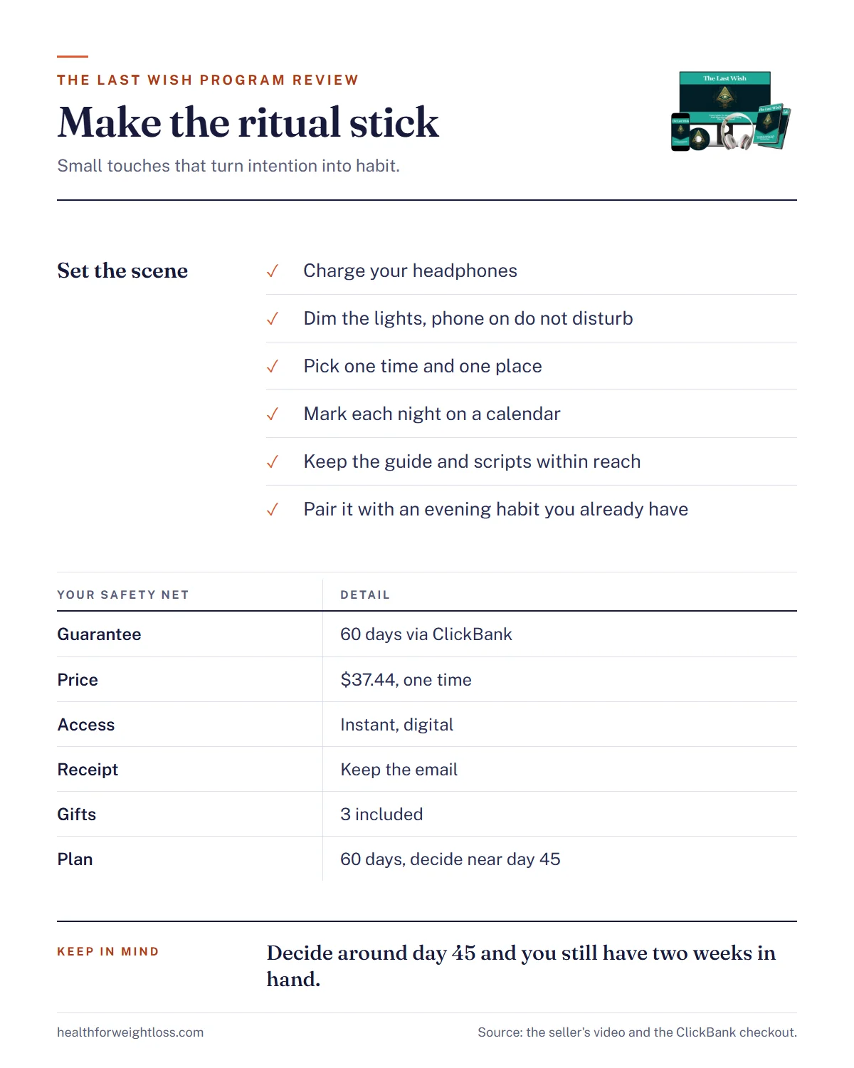 The Last Wish program review infographic: how to make the nightly ritual stick and the 60-day safety net with price