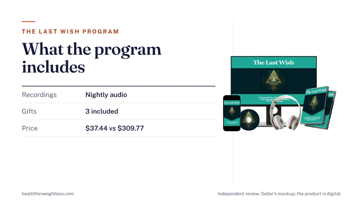 The Last Wish program: the seller's mockup beside a list of the nightly recordings, the three gifts and the $37.44 price