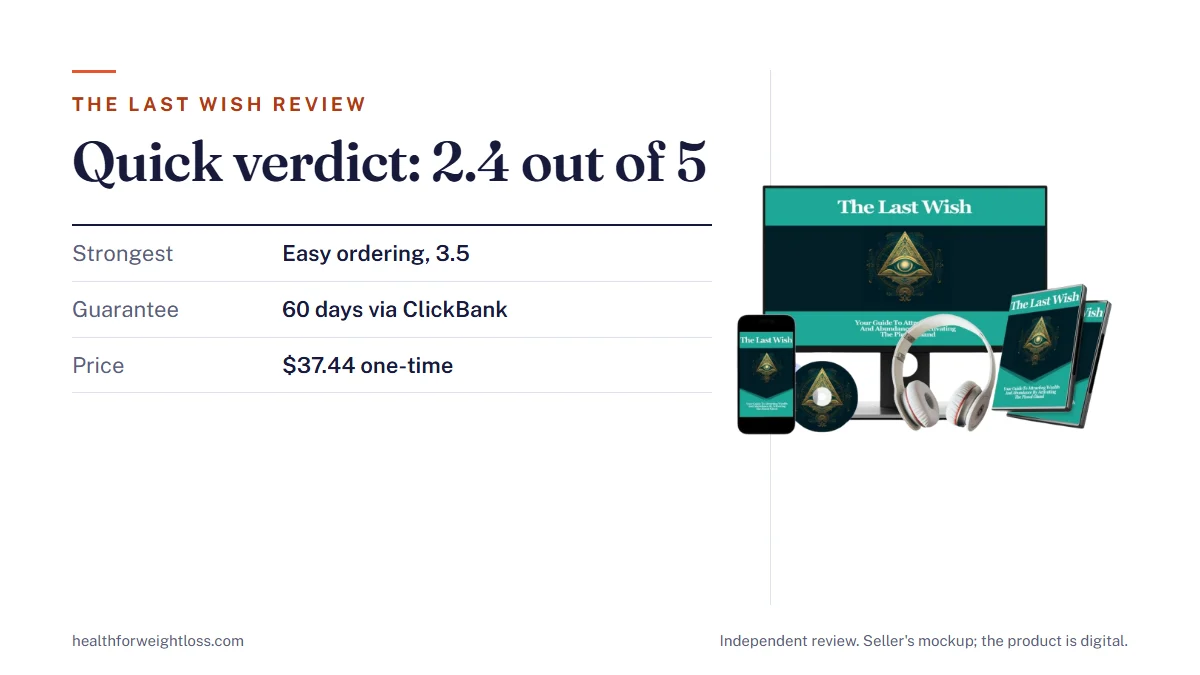 The Last Wish review: the seller's product mockup beside our editorial score of 2.4 out of 5, led by easy ordering