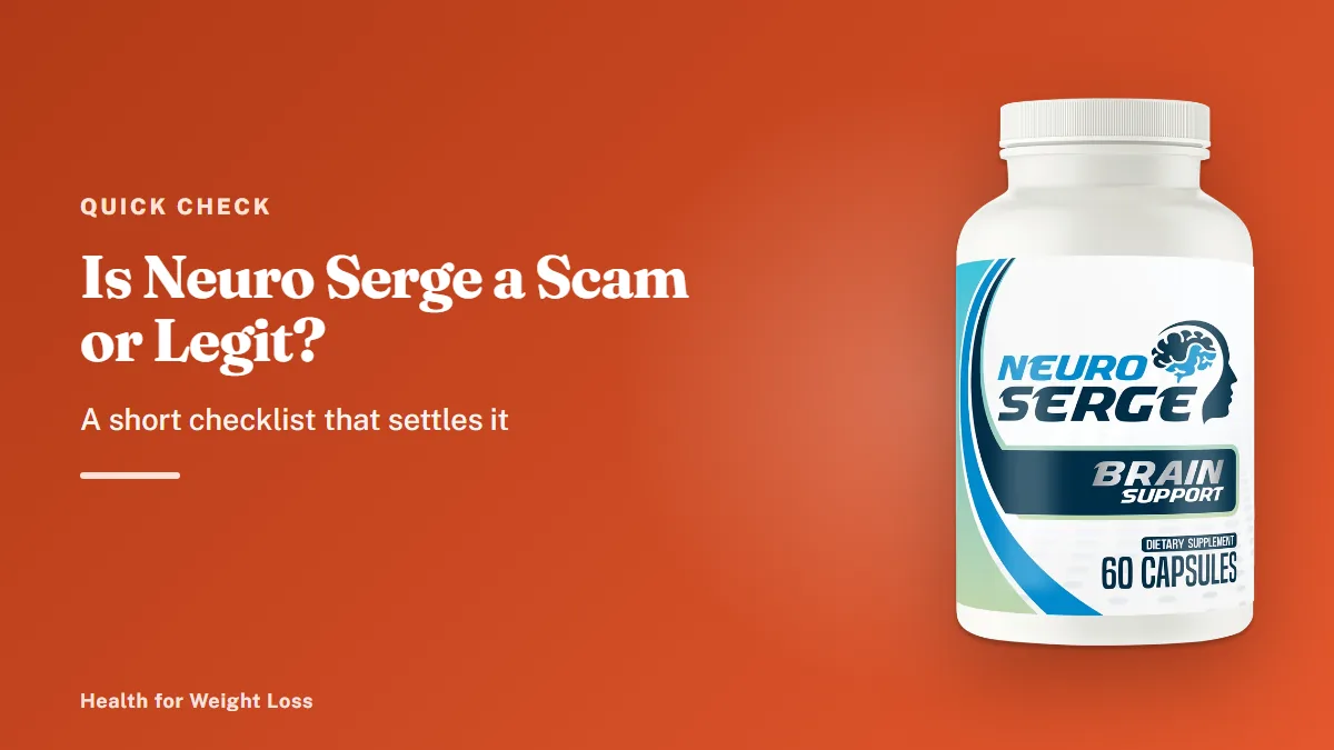 Is Neuro Serge a scam or legit: a single Neuro Serge bottle of brain support capsules, shown front on