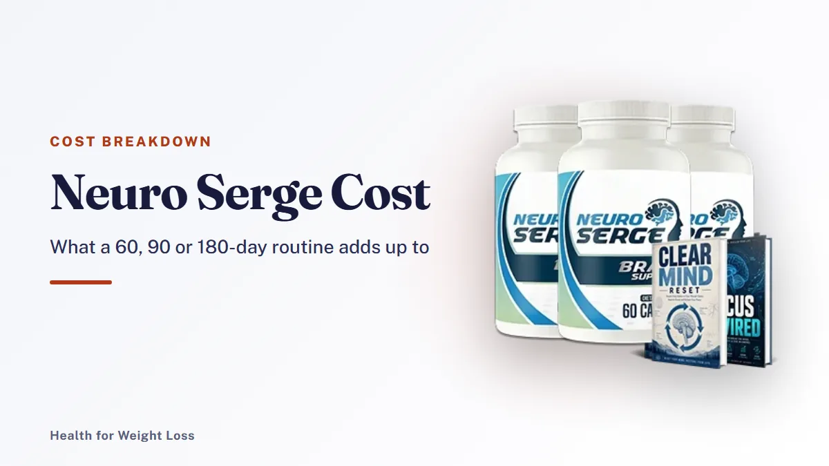 Neuro Serge cost guide: the three-bottle Neuro Serge package with two bonus guide covers for a 90-day routine