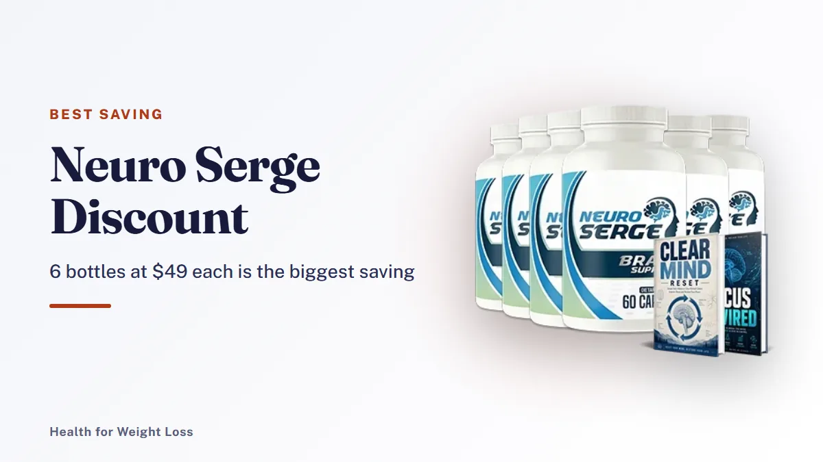 Neuro Serge discount: the six-bottle Neuro Serge package with two bonus guide covers at the lowest price per bottle