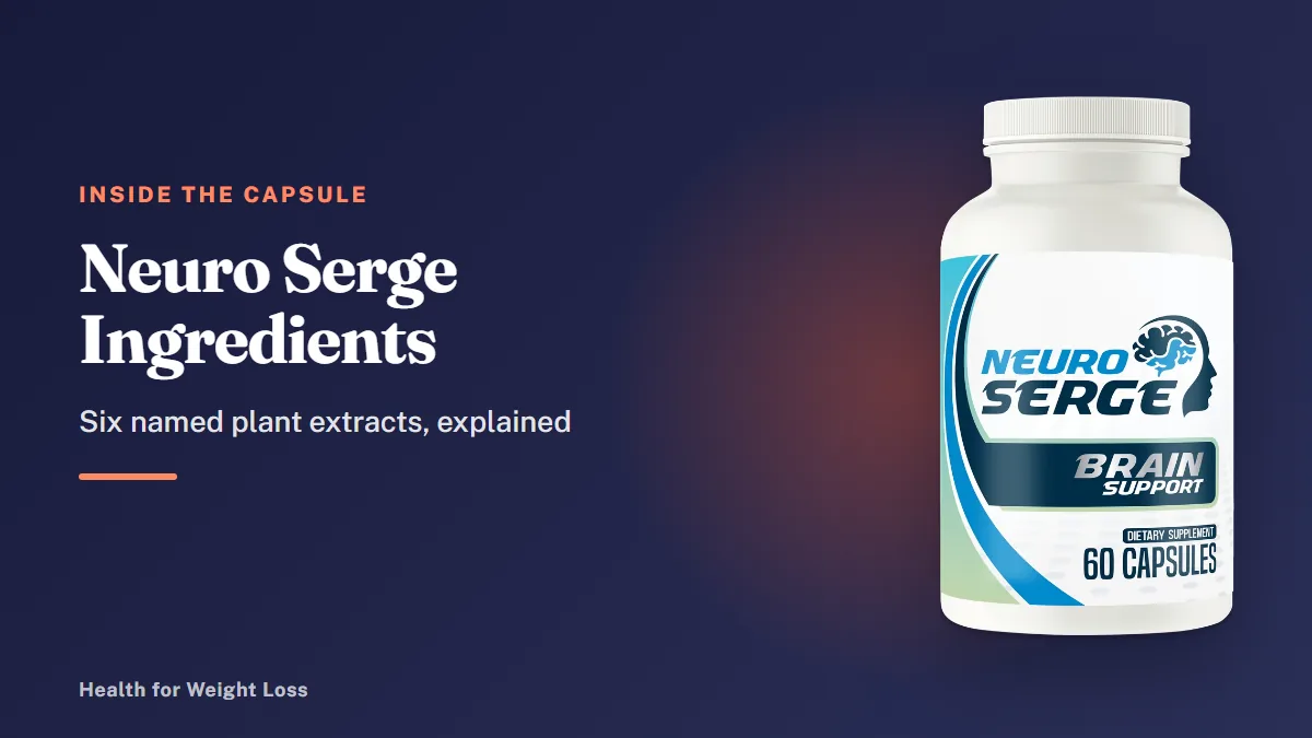 Neuro Serge ingredients guide: a Neuro Serge bottle, the capsule built around six named plant extracts