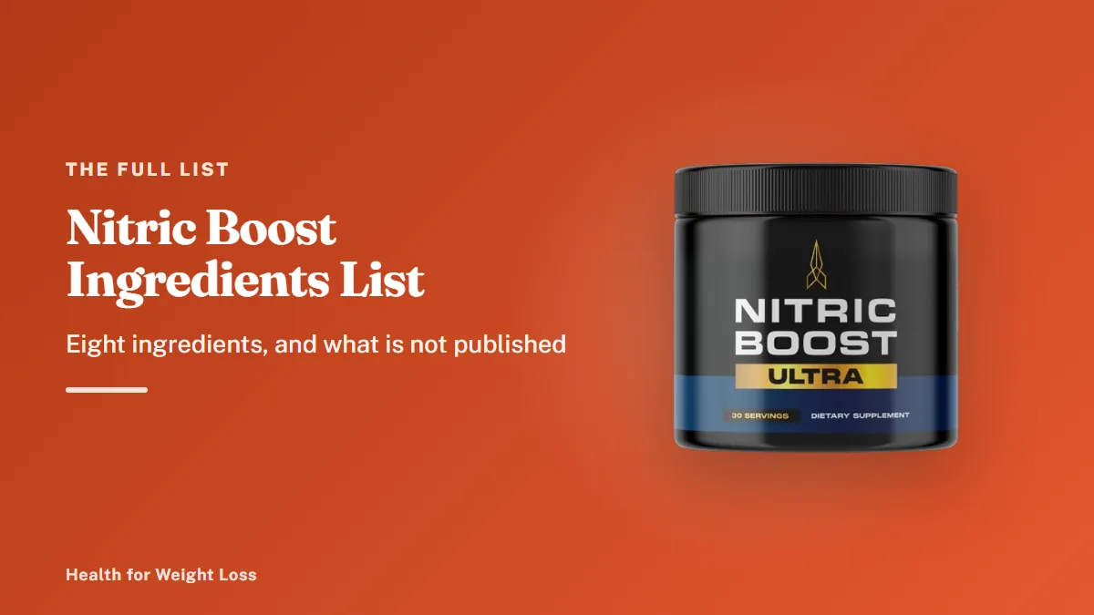 Nitric Boost ingredients list shown with a single Nitric Boost Ultra jar of daily nitric oxide powder