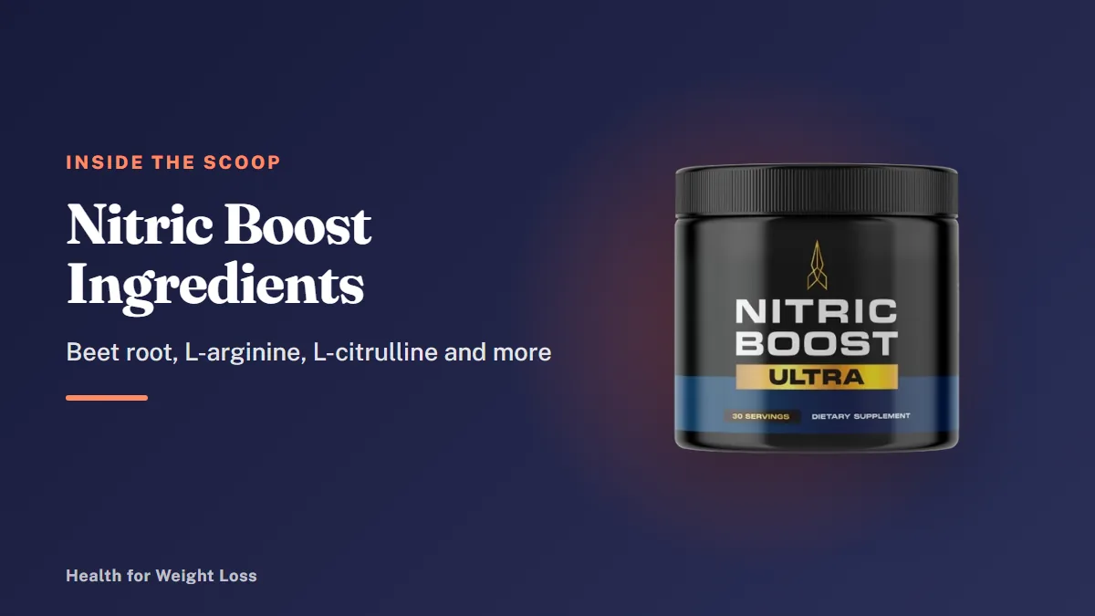 Nitric Boost ingredients: a Nitric Boost Ultra jar with its pink powder, built from eight listed ingredients