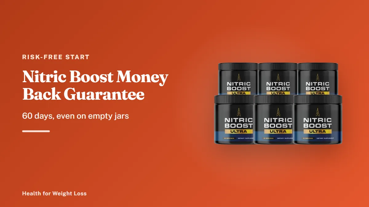 Nitric Boost money back guarantee: the six-jar Nitric Boost package covered by a 60-day refund promise