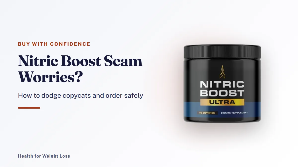 Nitric Boost scam check: one genuine Nitric Boost Ultra jar of nitric oxide powder with a pink powder splash behind it