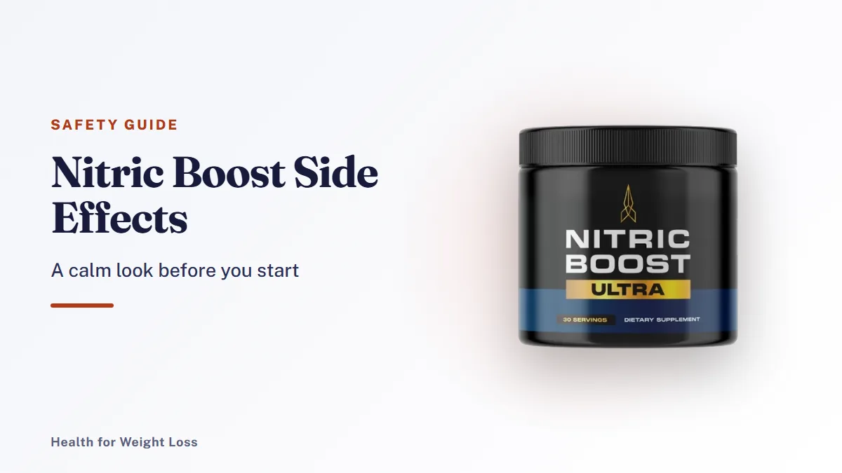 Nitric Boost side effects guide: a jar of Nitric Boost Ultra powder, a daily supplement to discuss with your doctor