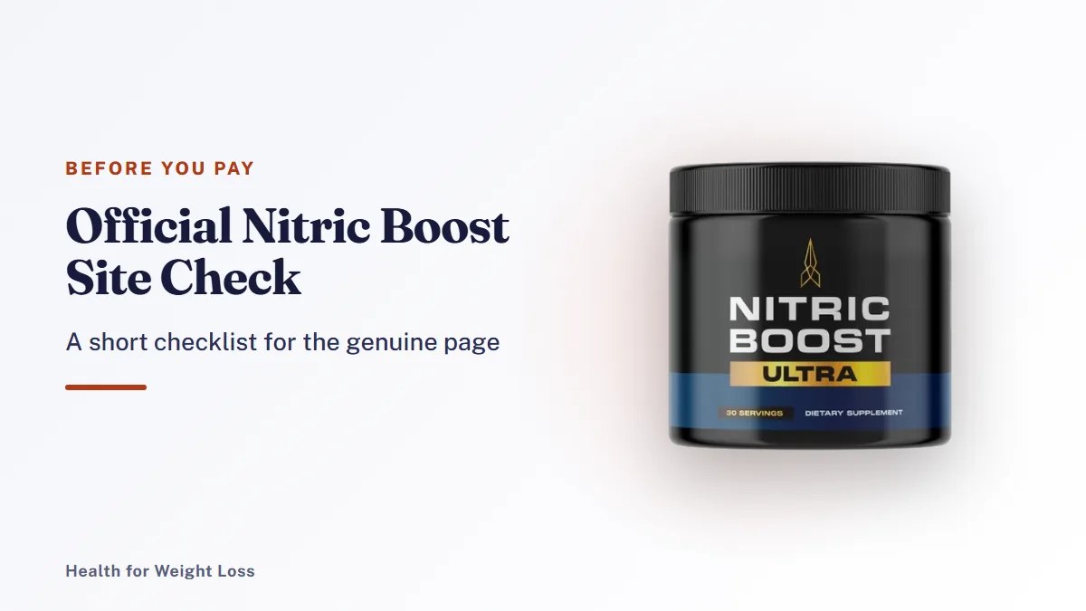 Official Nitric Boost site checklist beside one jar of Nitric Boost Ultra, the daily nitric oxide powder