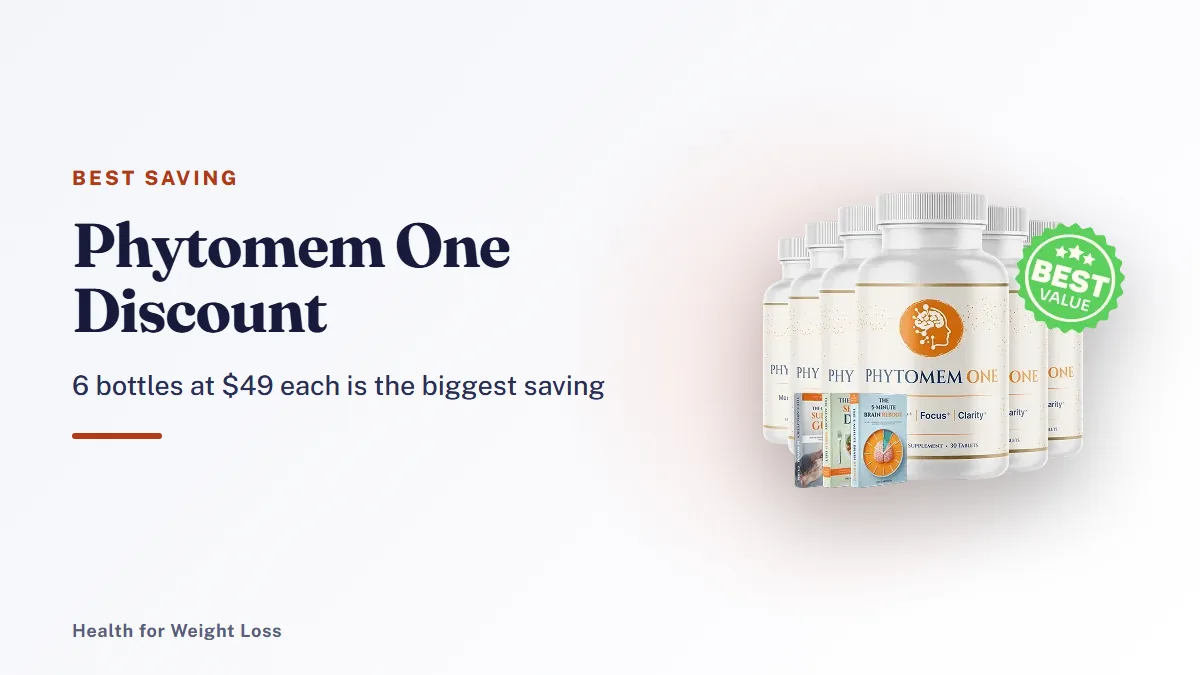 Phytomem One discount: the 6-bottle Phytomem One package with bonus e-books beside our $49-a-bottle savings summary