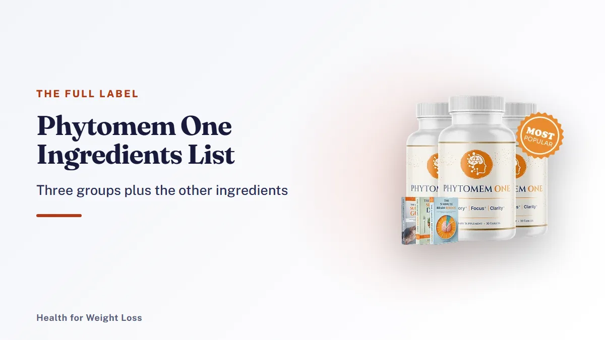 Phytomem One ingredients list: the 3-bottle Phytomem One package with bonus e-books beside our label-at-a-glance summary