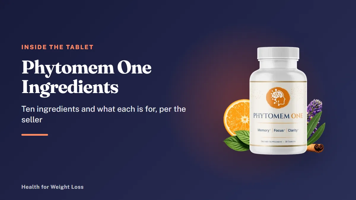 Phytomem One ingredients guide: a single Phytomem One bottle beside our summary of its 10-ingredient formula