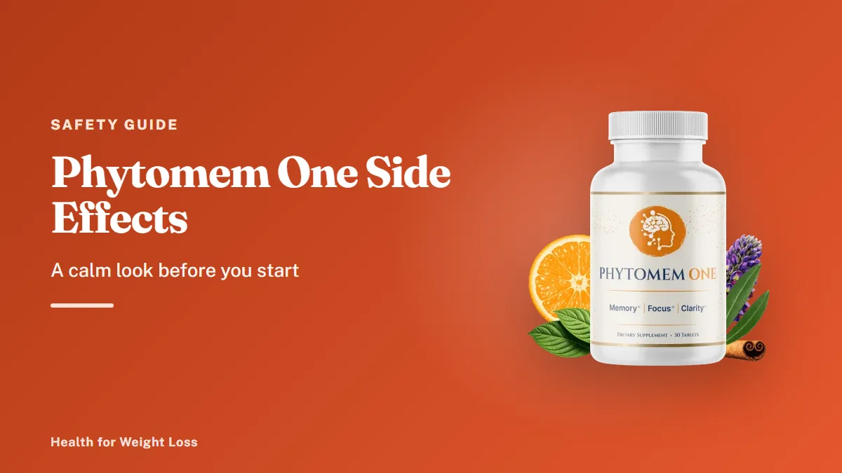 Phytomem One side effects guide: a single Phytomem One bottle beside our calm summary of label cautions
