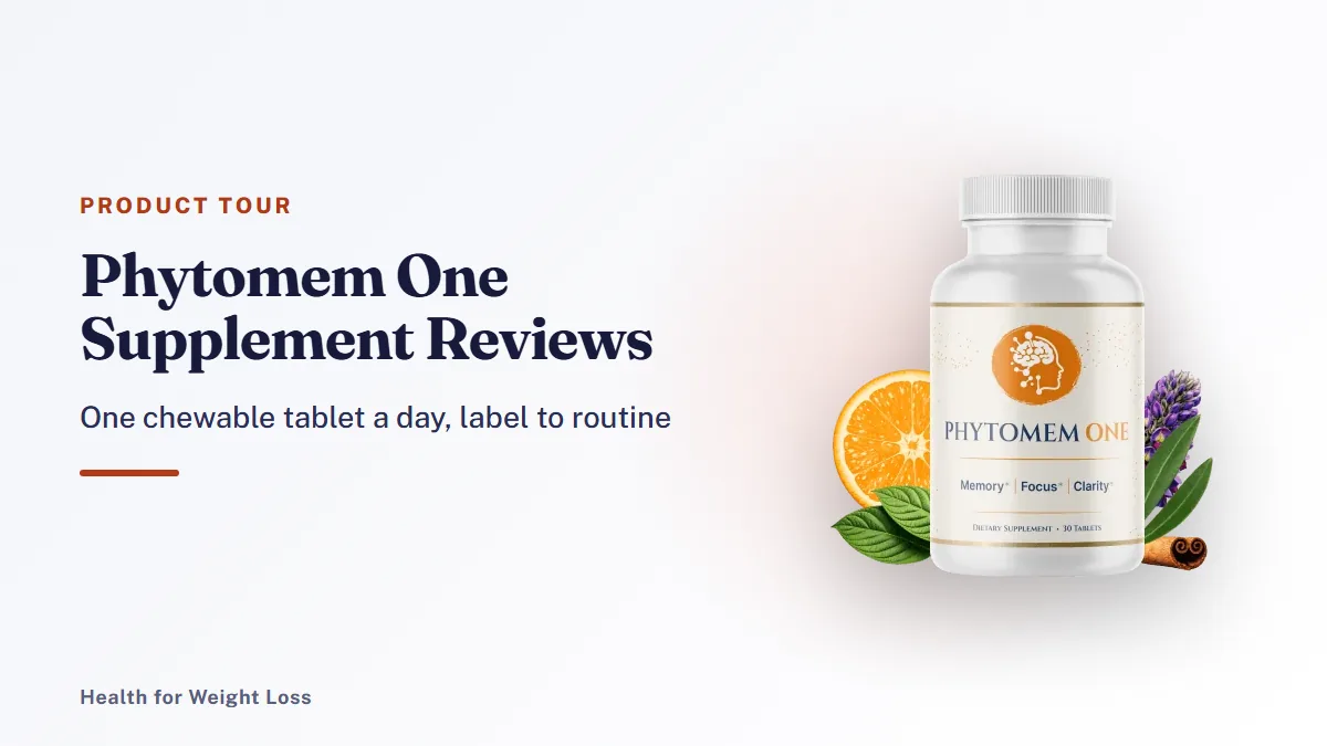 Phytomem One supplement reviews: a single Phytomem One bottle of 30 chewable tablets beside our label and quality notes