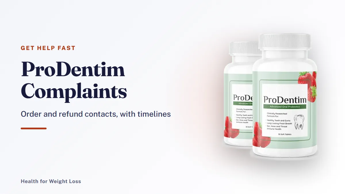 ProDentim complaints guide: the official 2-bottle ProDentim package beside our contacts and timelines summary