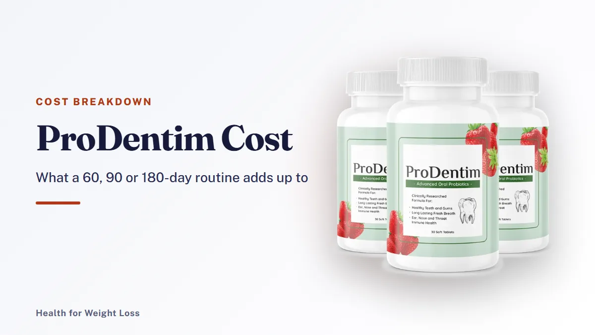 ProDentim cost: the official 3-bottle ProDentim package beside a 60, 90 and 180-day cost summary