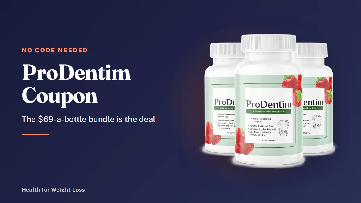 ProDentim coupon: the official 3-bottle ProDentim package beside our summary of the $69-a-bottle bundle price