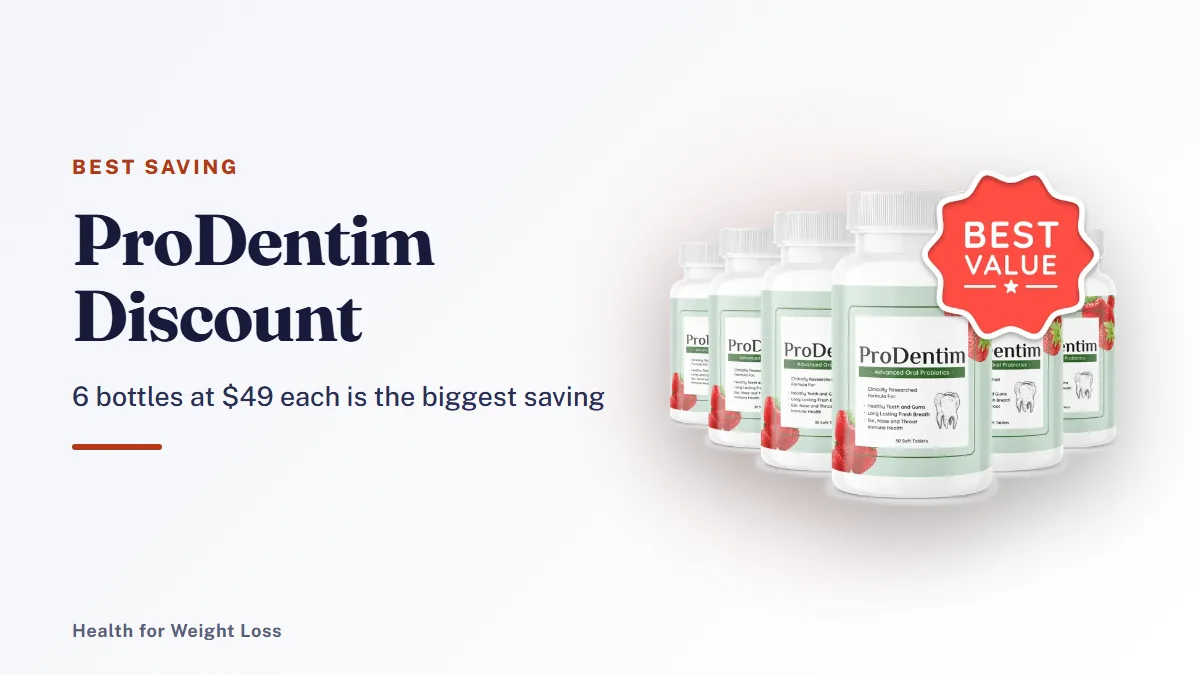 ProDentim discount: the official 6-bottle ProDentim package beside our $49-a-bottle savings summary