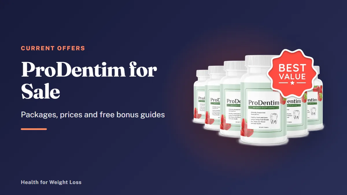 ProDentim for sale: the official 6-bottle ProDentim package beside our current packages and bonuses summary