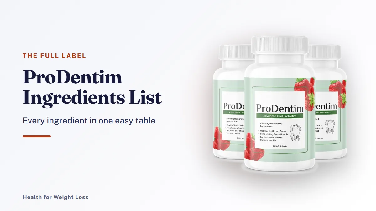 ProDentim ingredients list: the official 3-bottle ProDentim package beside our one-table label summary